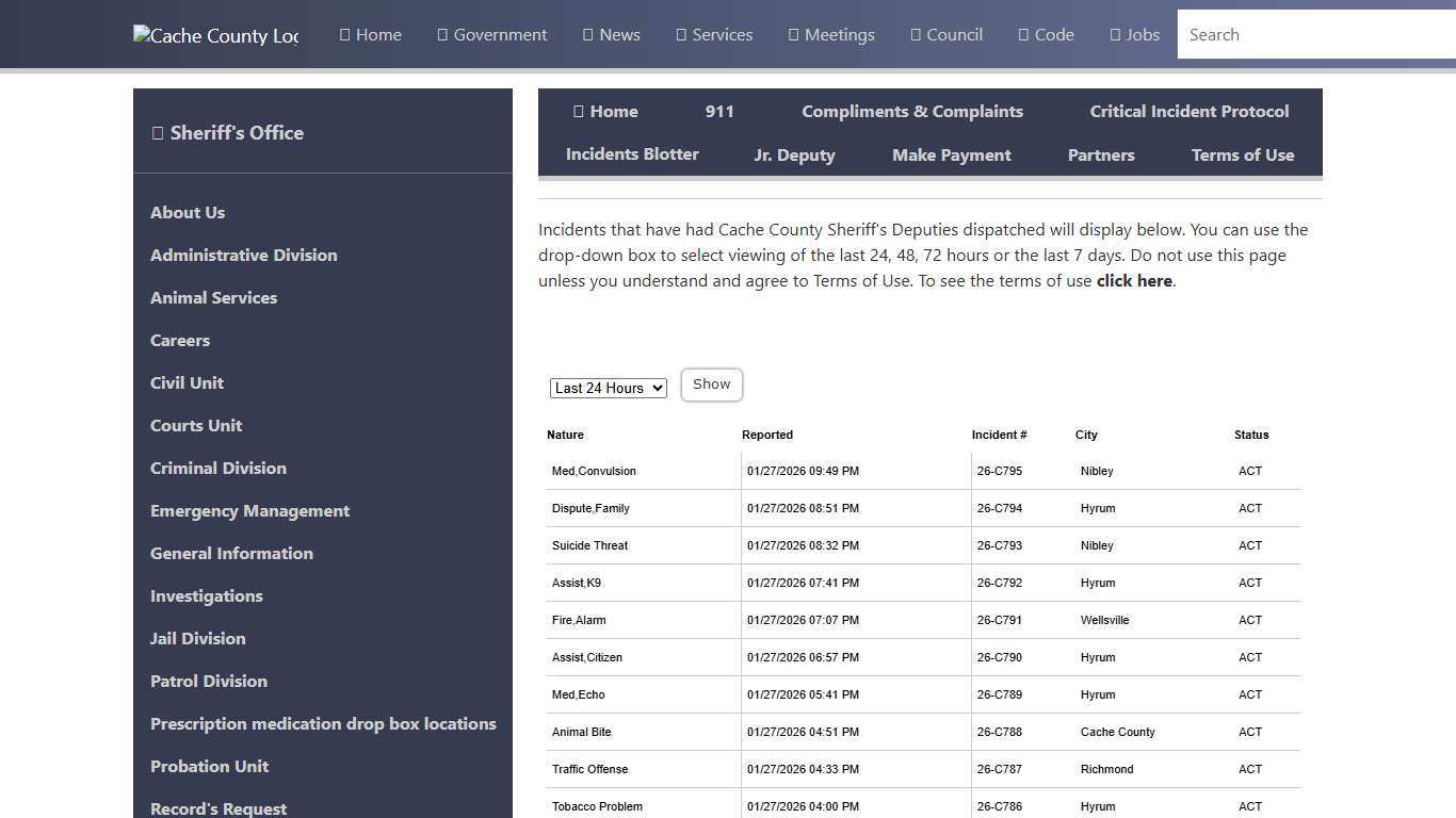 Official Site of Cache County, Utah - Incidents Blotter